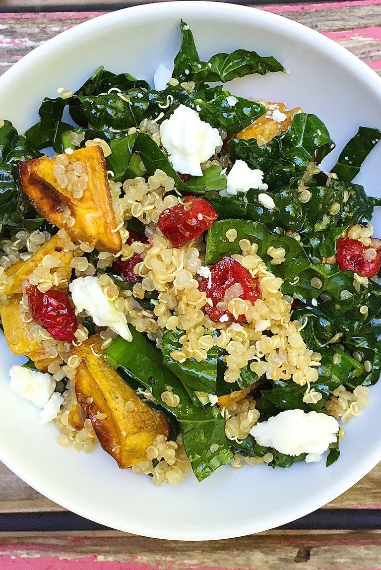 Roasted Sweet Potatoes with Quinoa, Kale, Dried Cranberries and Feta