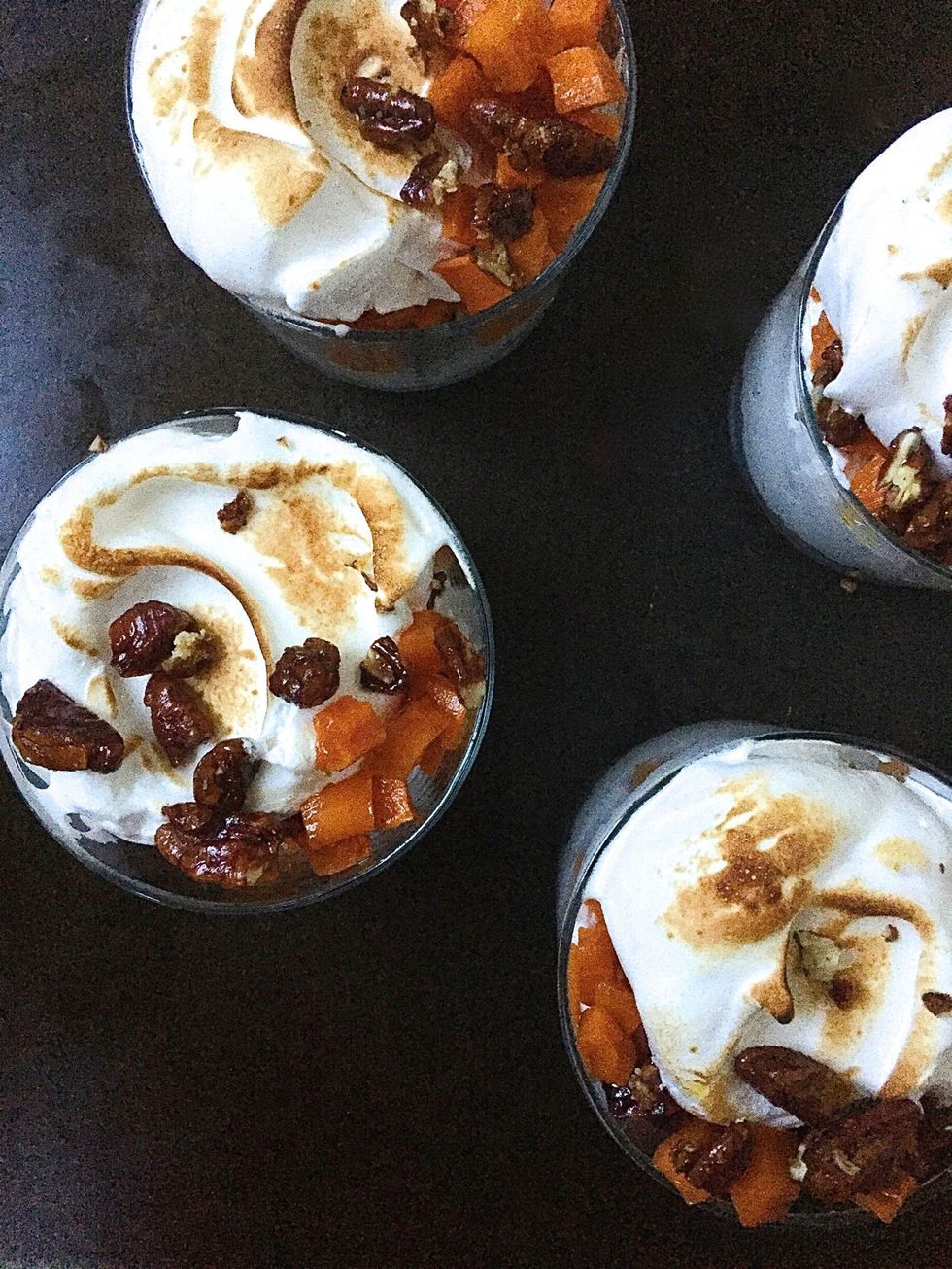 Sweet Potato Meringue Trifle with Candied Pecans