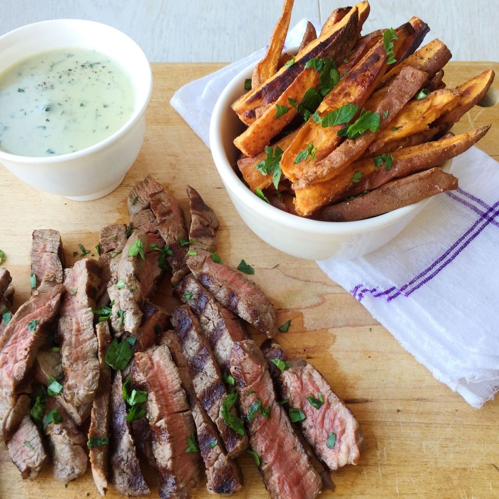 Steak With Creamy Blue Cheese Sauce and Sweet Potato Fries